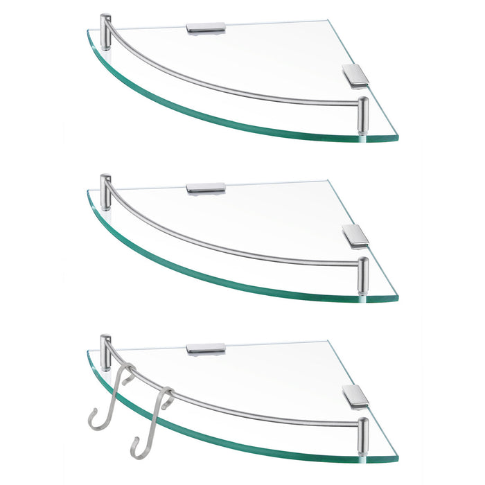 (3-Pack) Floating Glass Shelf For Bathroom Corner Shelf with Rail with Hooks Tempered Glass Wall Mounted Brushed Nickel (Set of 3)
