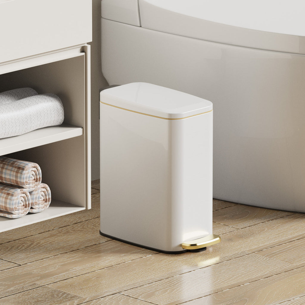 1.6 Gallon Slim Metal Step On Bathroom Trash Can With Lid Soft Close,Rectangular,White,Comes With Inner Bucket And 60 Trash Bags,Wastebasket For Narrow Spaces,Rv,Home,Office,Bedroom