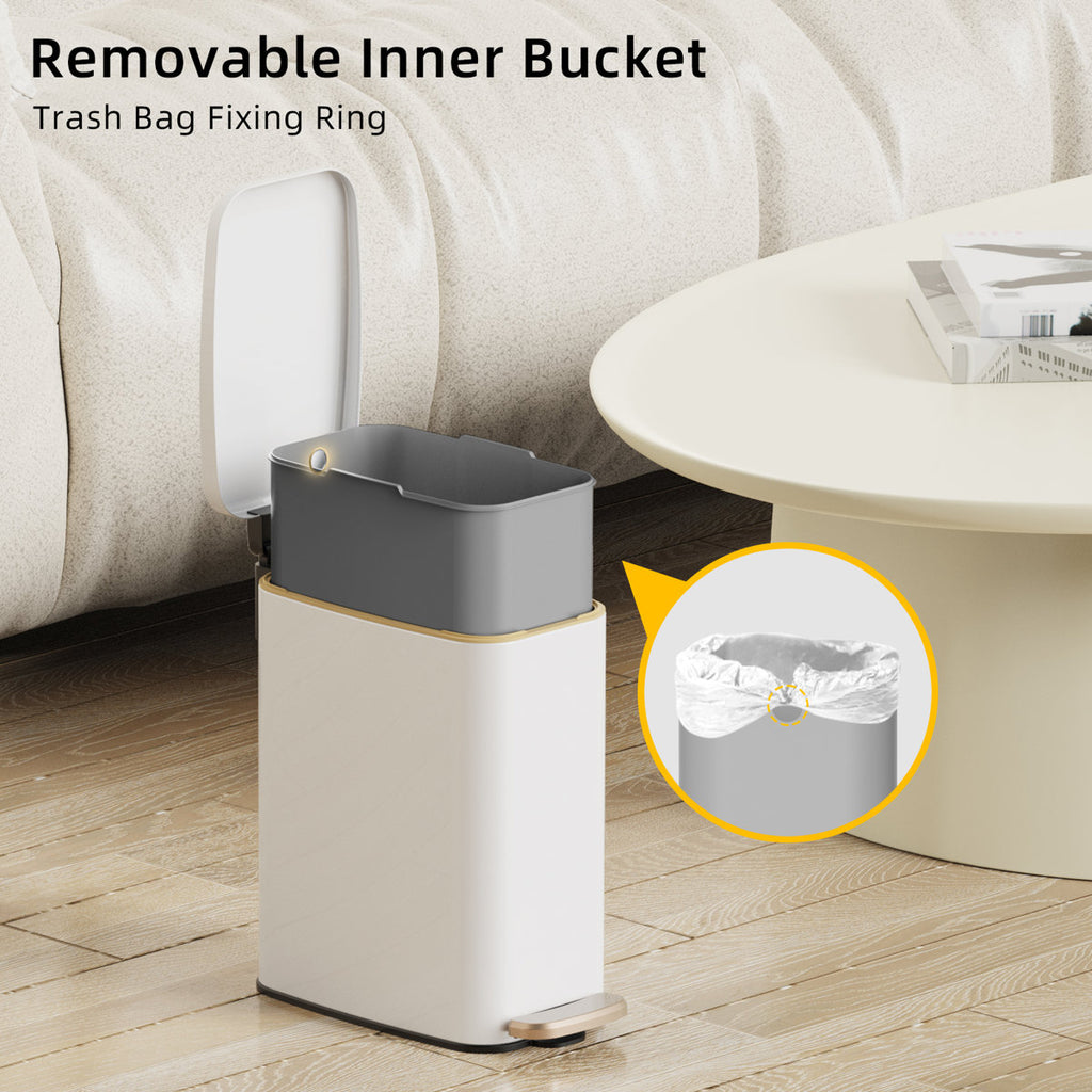 1.6 Gallon Slim Metal Step On Bathroom Trash Can With Lid Soft Close,Rectangular,White,Comes With Inner Bucket And 60 Trash Bags,Wastebasket For Narrow Spaces,Rv,Home,Office,Bedroom