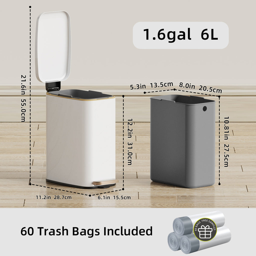 1.6 Gallon Slim Metal Step On Bathroom Trash Can With Lid Soft Close,Rectangular,White,Comes With Inner Bucket And 60 Trash Bags,Wastebasket For Narrow Spaces,Rv,Home,Office,Bedroom