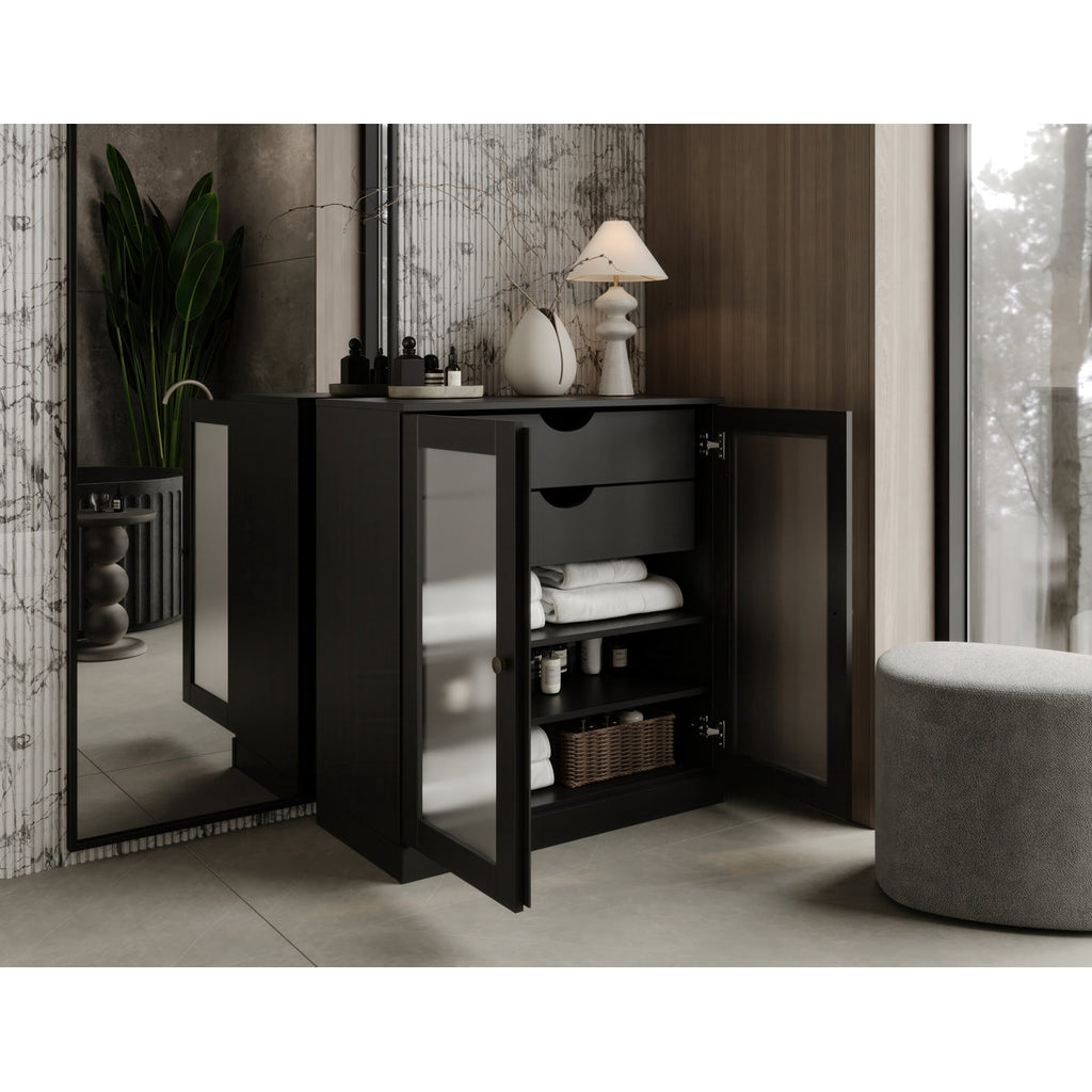 100% Solid Wood 32" Bathroom Cabinet with Frosted Glass Doors, 2-Drawers and Adjustable Shelves