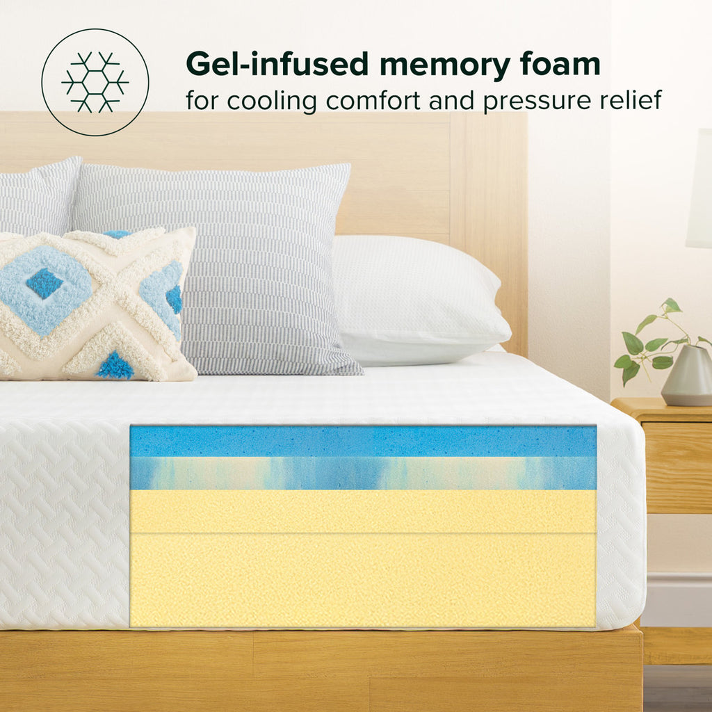 10" Medium Cooling Gel Memory Foam Mattress And Marvelwood Solid Wood Platform Bed Frame Set-queen, Dark Natural Wood