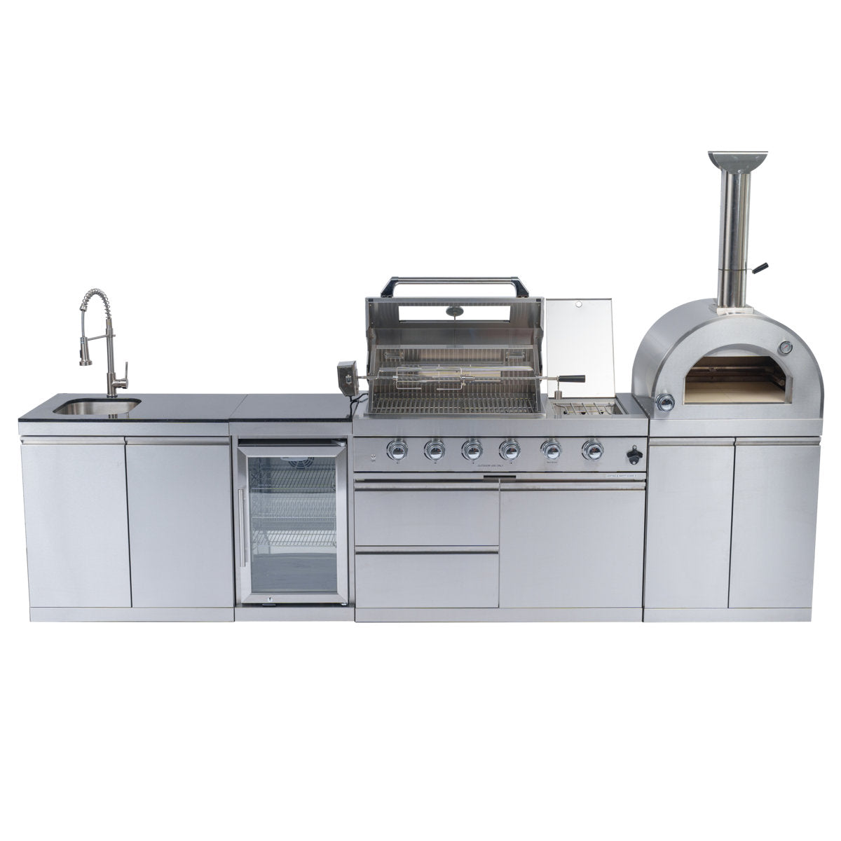 125-Inch 108000- BTU Double Stainless Steel Gas Outdoor Kitchen Bar Barbecue Island Grill+ Pizza Oven + Wine Cooler Compact Refrigerator + Rotisserie + Granite Countertops + Storage Cabinets & Drawers