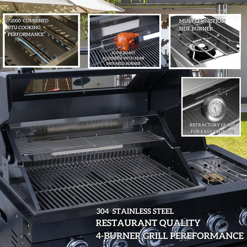 125-Inch 108000- BTU Double Stainless Steel Gas Outdoor Kitchen Bar Barbecue Island Grill+ Pizza Oven + Wine Cooler Compact Refrigerator + Rotisserie + Granite Countertops + Storage Cabinets & Drawers
