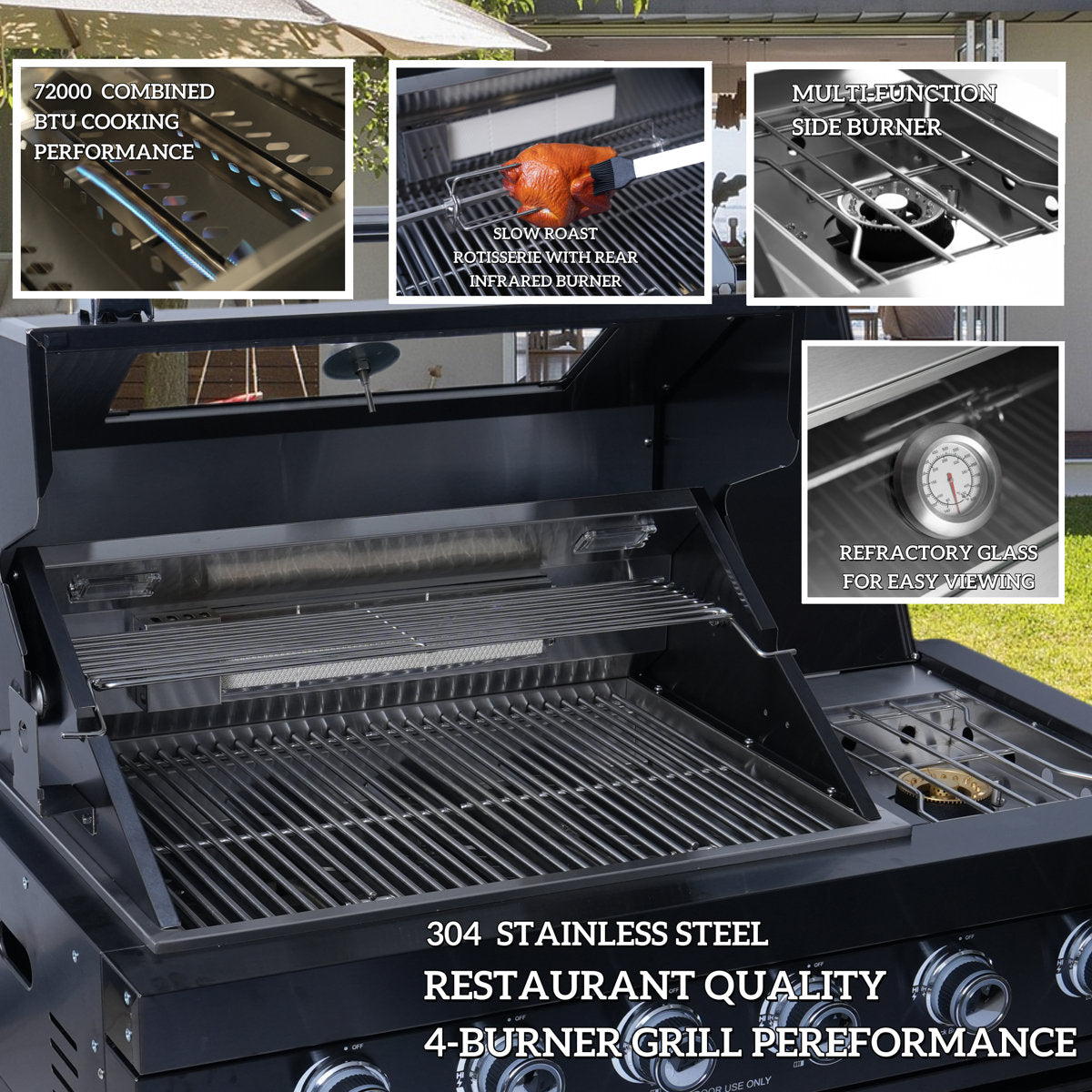 125-Inch 108000- BTU Double Stainless Steel Gas Outdoor Kitchen Bar Barbecue Island Grill+ Pizza Oven + Wine Cooler Compact Refrigerator + Rotisserie + Granite Countertops + Storage Cabinets & Drawers