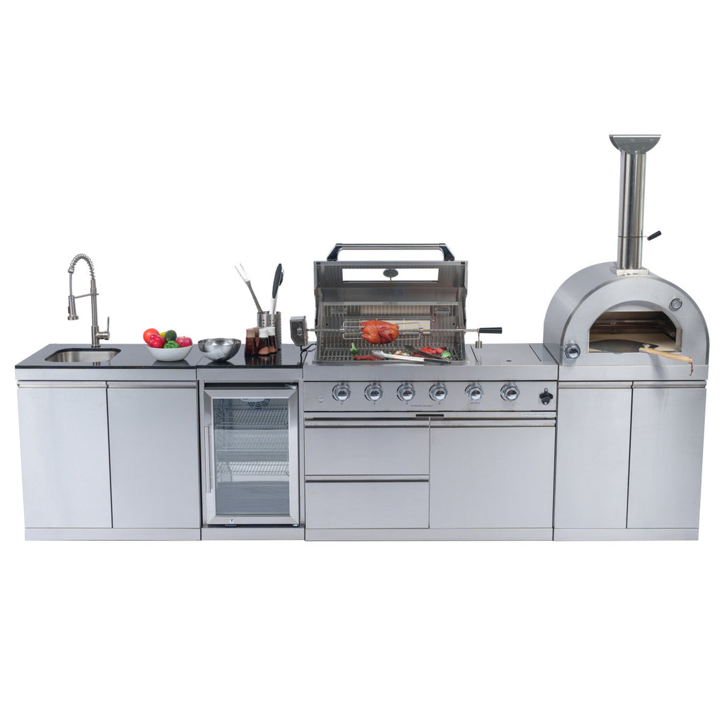 125-Inch 108000- BTU Double Stainless Steel Gas Outdoor Kitchen Bar Barbecue Island Grill+ Pizza Oven + Wine Cooler Compact Refrigerator + Rotisserie + Granite Countertops + Storage Cabinets & Drawers