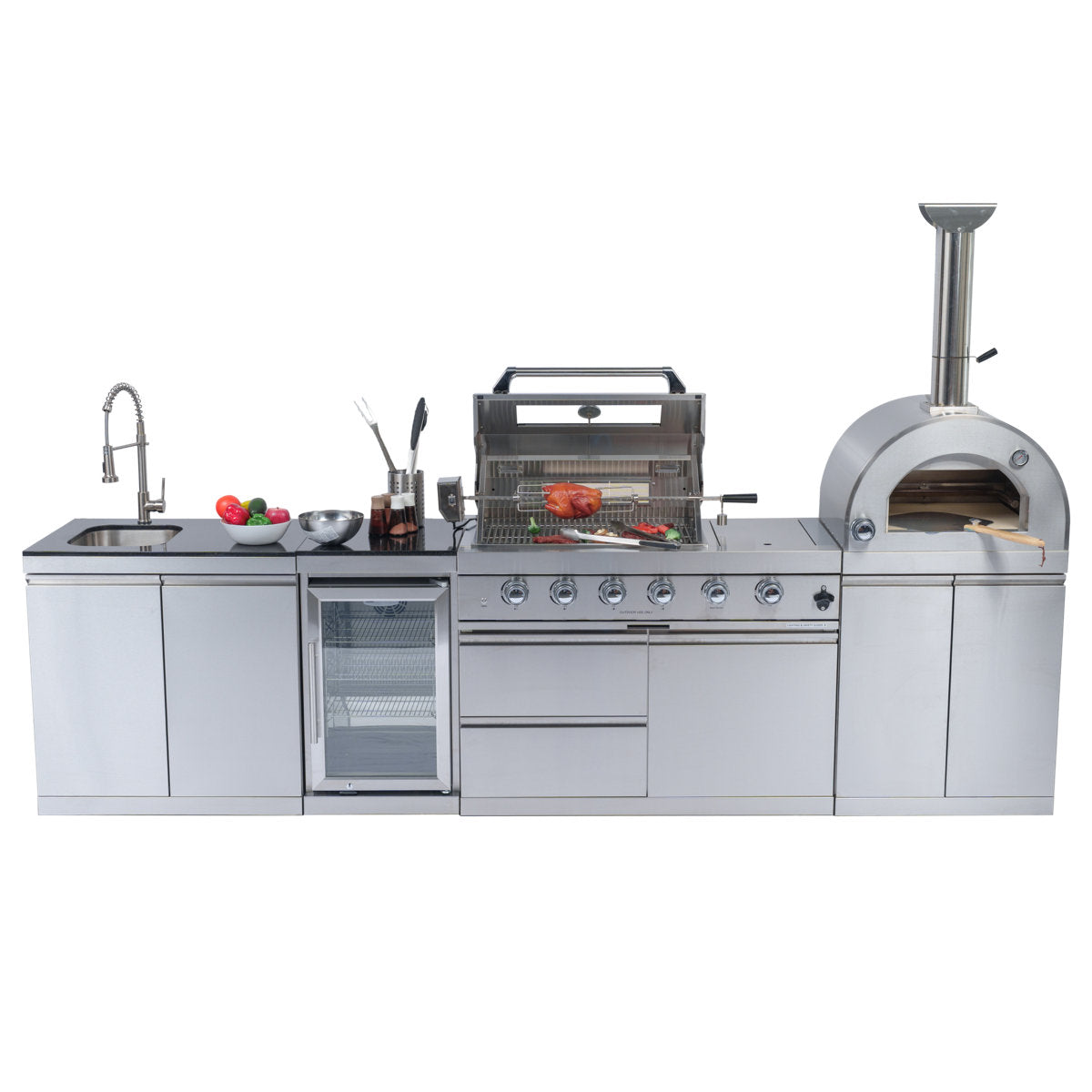 125-Inch 108000- BTU Double Stainless Steel Gas Outdoor Kitchen Bar Barbecue Island Grill+ Pizza Oven + Wine Cooler Compact Refrigerator + Rotisserie + Granite Countertops + Storage Cabinets & Drawers