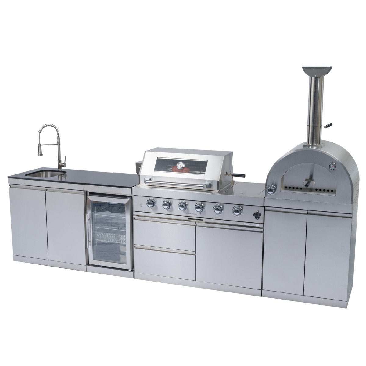 125-Inch 108000- BTU Double Stainless Steel Gas Outdoor Kitchen Bar Barbecue Island Grill+ Pizza Oven + Wine Cooler Compact Refrigerator + Rotisserie + Granite Countertops + Storage Cabinets & Drawers