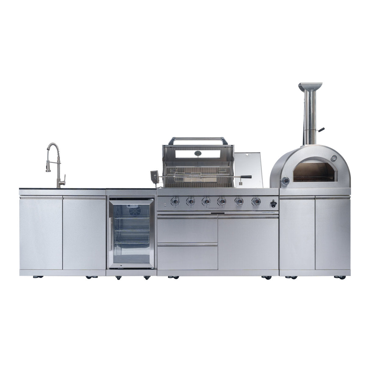125-Inch 108000- BTU Double Stainless Steel Gas Outdoor Kitchen Bar Barbecue Island Grill+ Pizza Oven + Wine Cooler Compact Refrigerator + Rotisserie + Granite Countertops + Storage Cabinets & Drawers