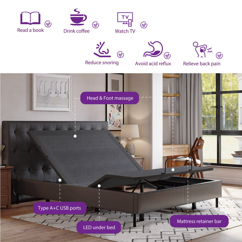 12" Adjustable Bed with Massage, Wireless Remote, and Underbed Lighting