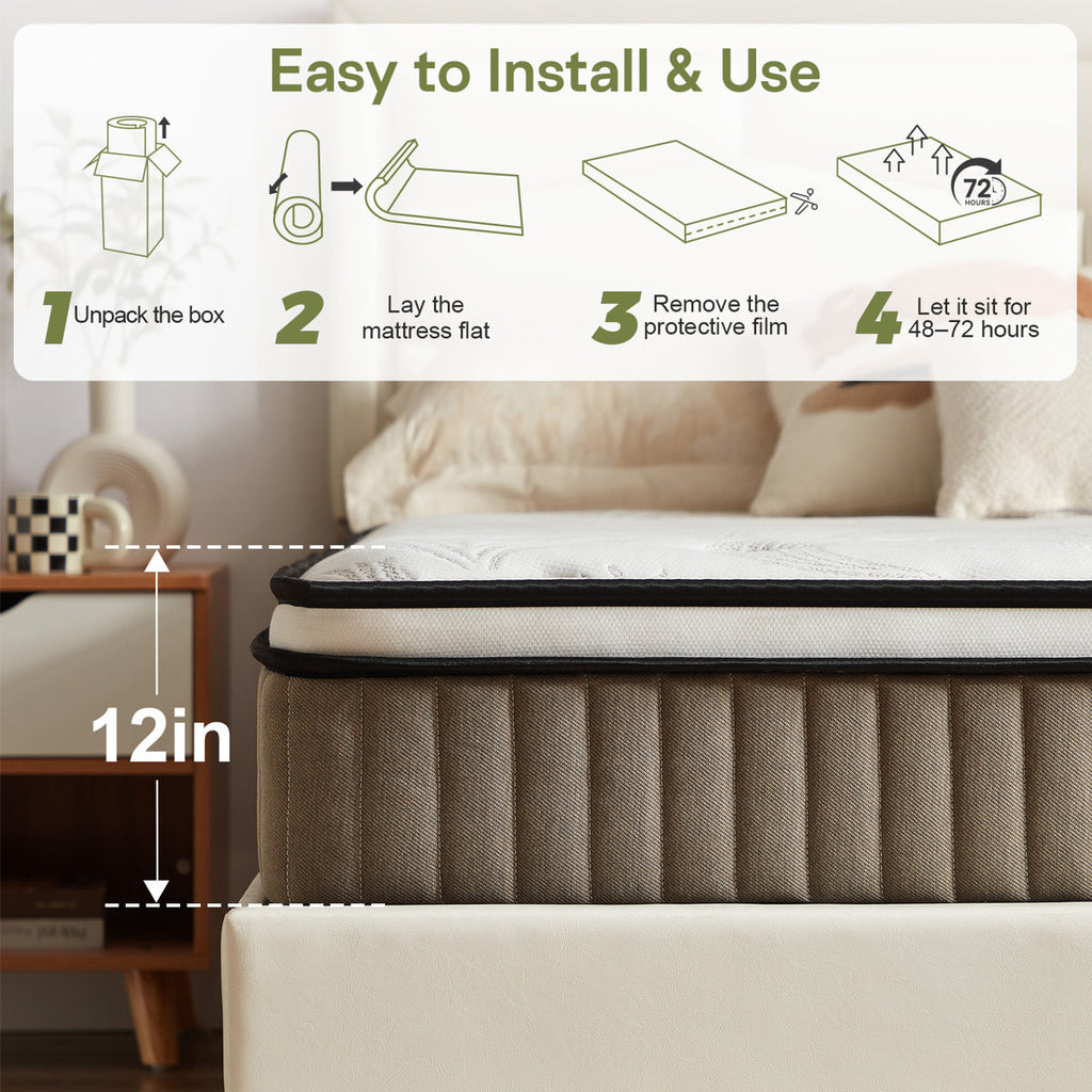12'' Medium Plush Hybrid Mattress With Leaf Pattern Top – Gel Memory Foam & Pocket Coils