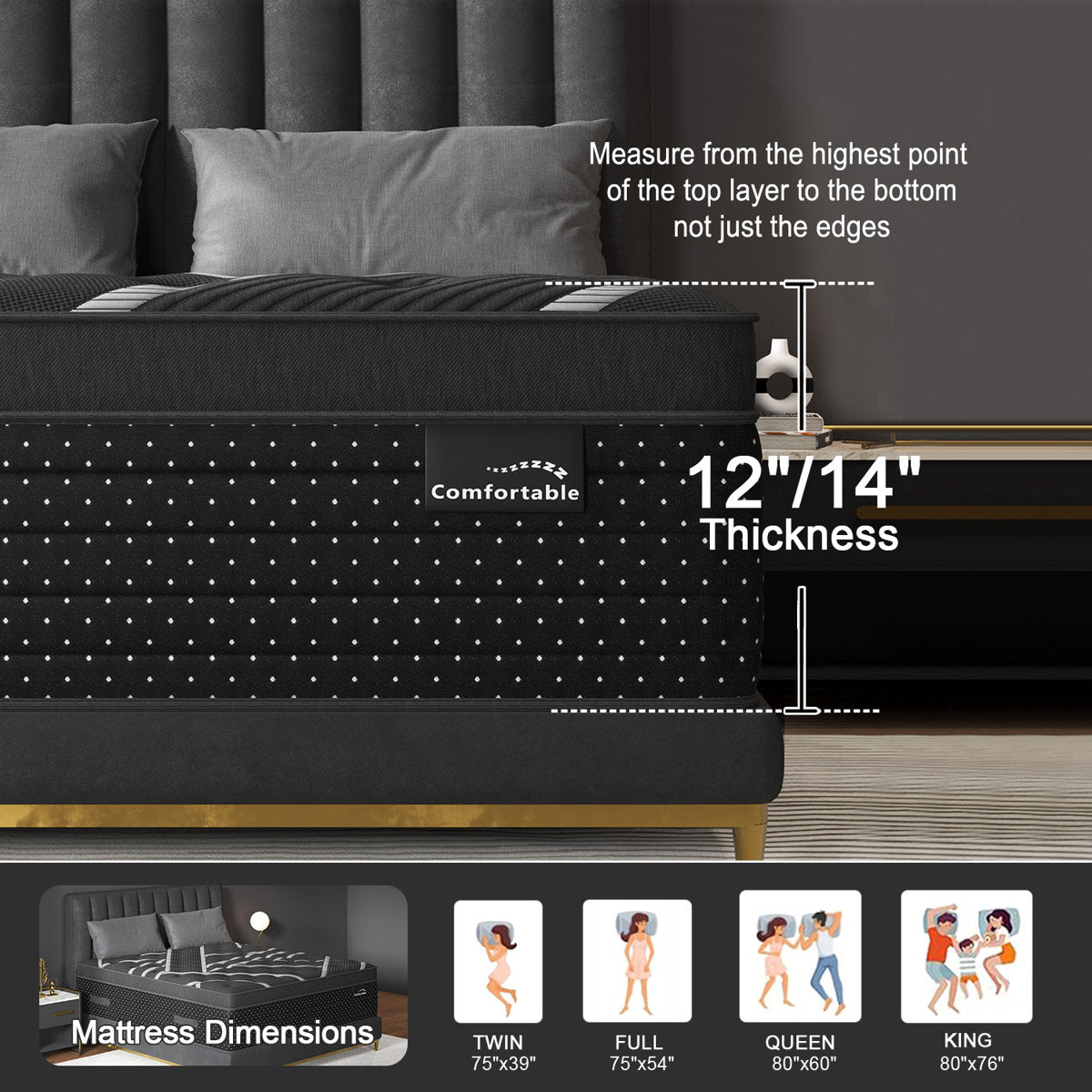 14''Medium-Firm Hybrid Mattress with Cooling Gel Memory Foam, Individually Wrapped Pocket Coils, Mattress in a Box