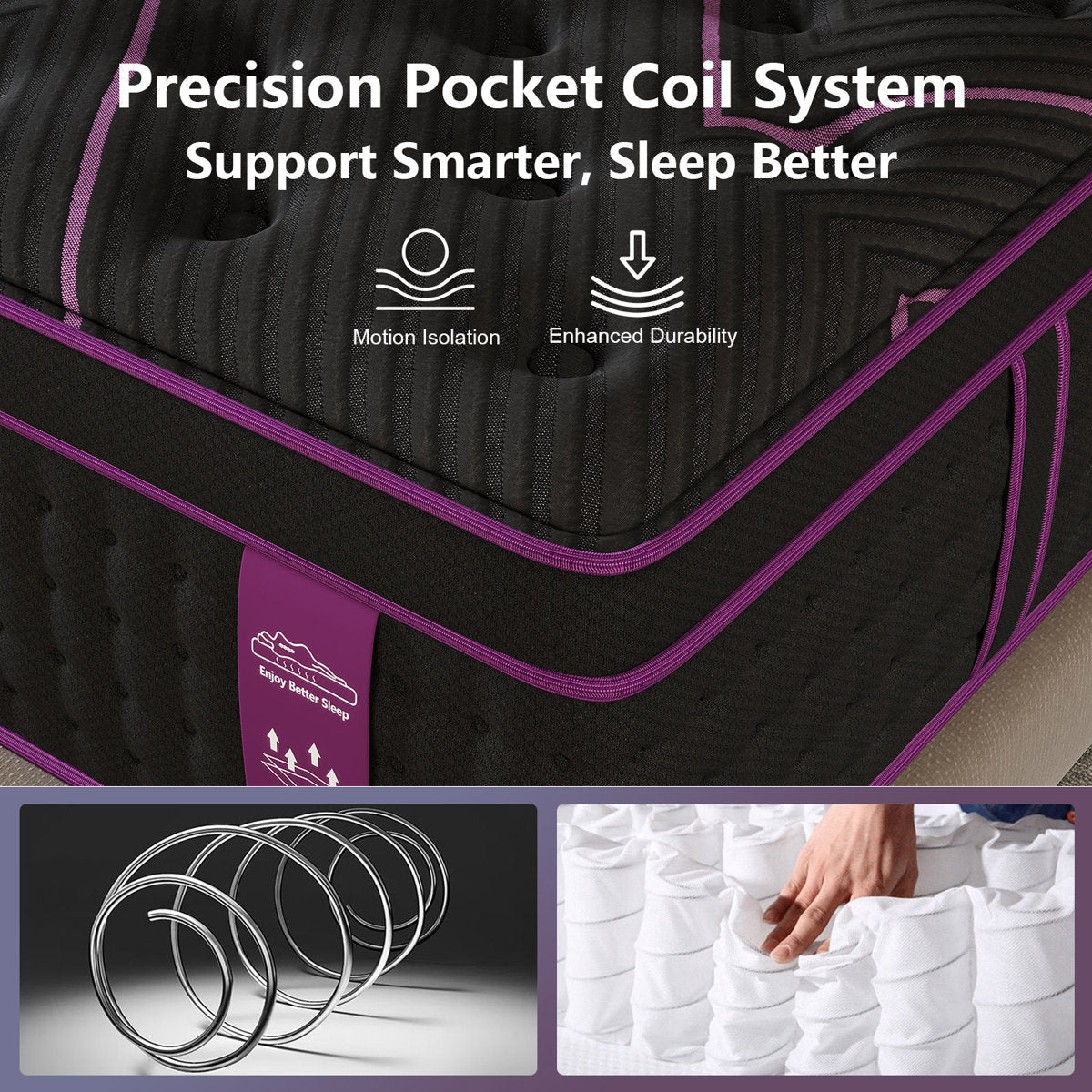 14'' Medium Firm Hybrid Mattress With Pocket Coils & Breathable Knit Cover, Fiberglass-Free, Mattress In A Box