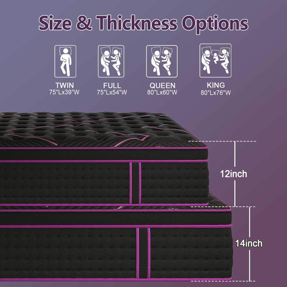 14'' Medium Firm Hybrid Mattress With Pocket Coils & Breathable Knit Cover, Fiberglass-Free, Mattress In A Box