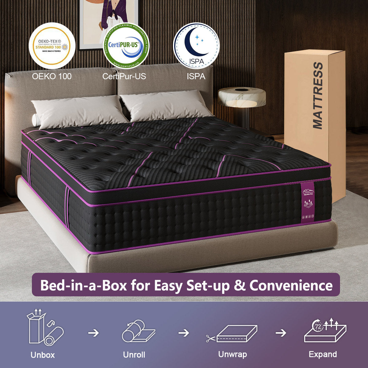 14'' Medium Firm Hybrid Mattress With Pocket Coils & Breathable Knit Cover, Fiberglass-Free, Mattress In A Box