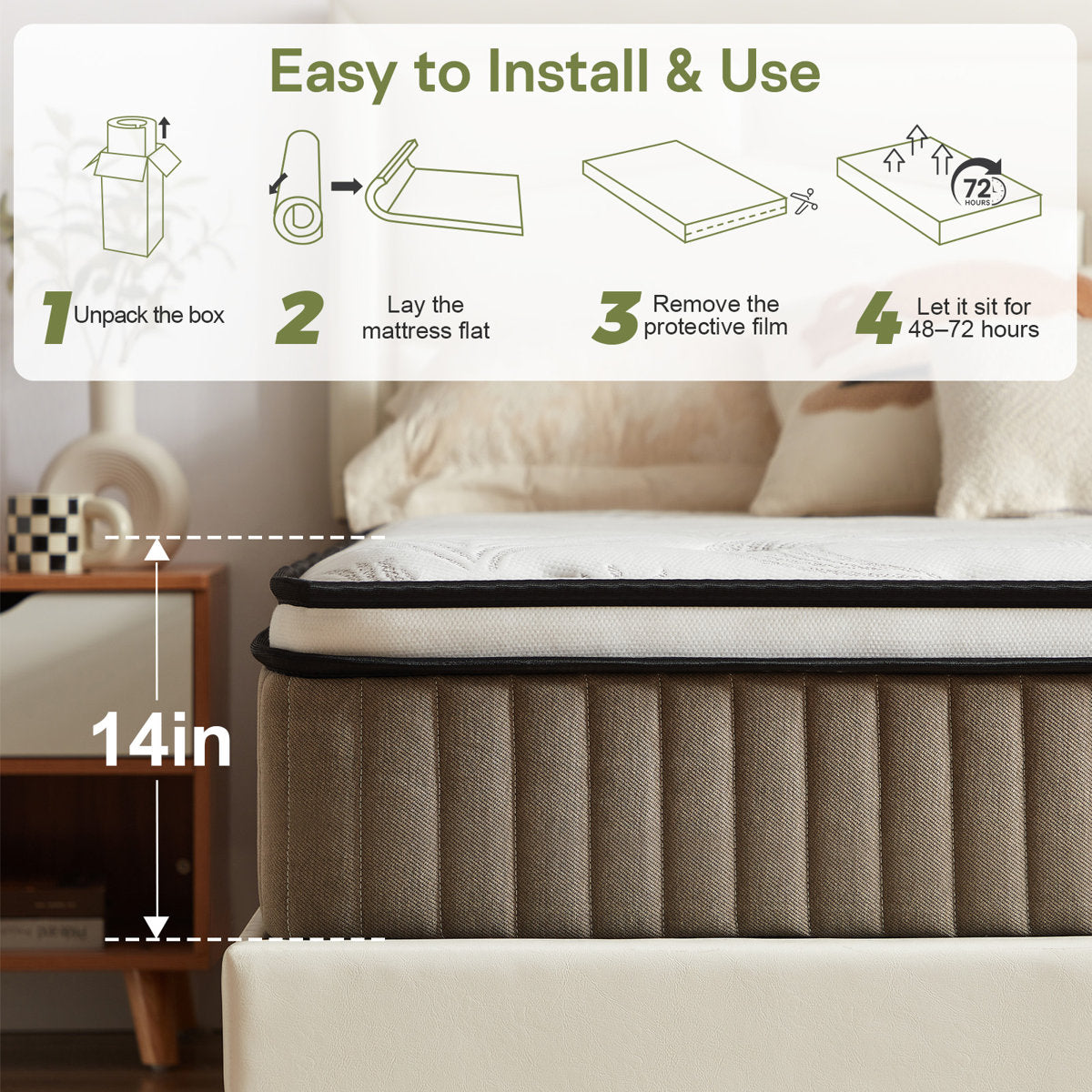 14'' Medium Plush Hybrid Mattress With Leaf Pattern Top – Gel Memory Foam & Pocket Coils