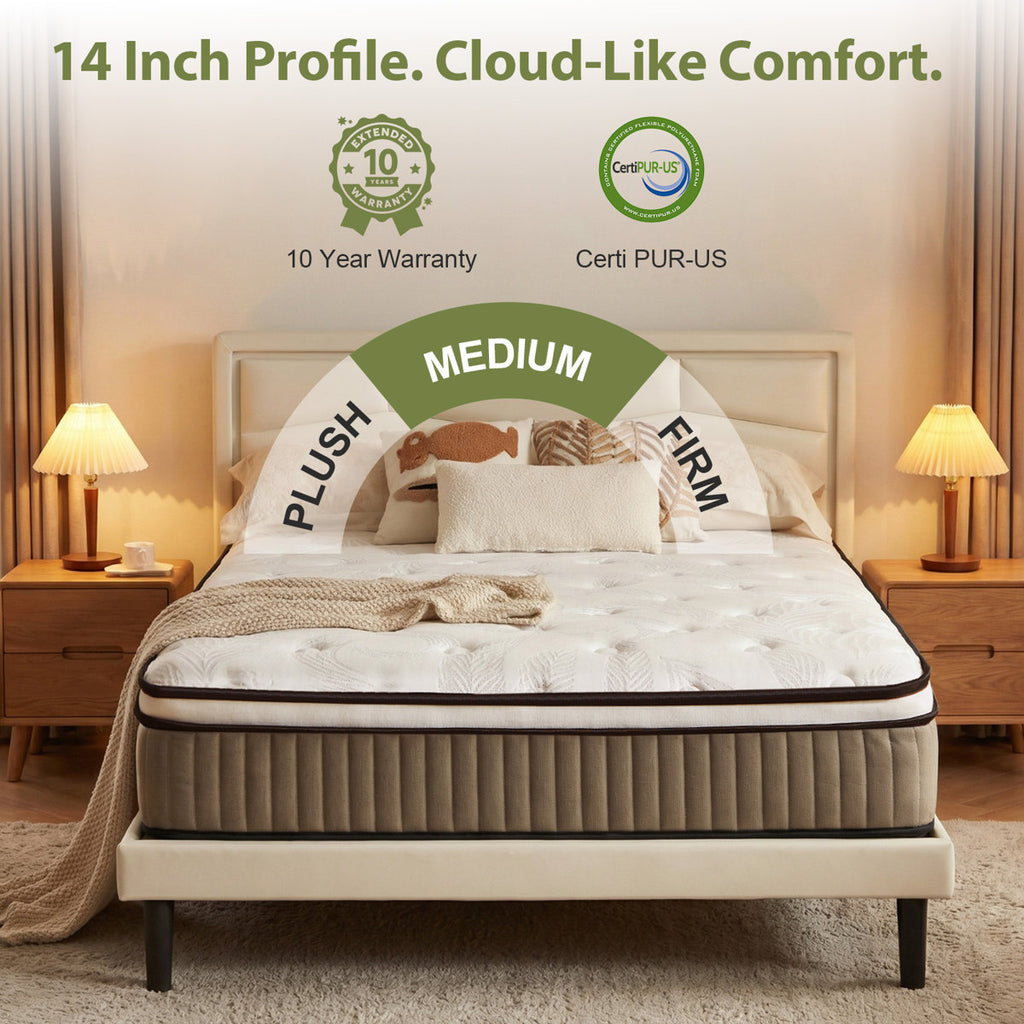 14'' Medium Plush Hybrid Mattress With Leaf Pattern Top – Gel Memory Foam & Pocket Coils