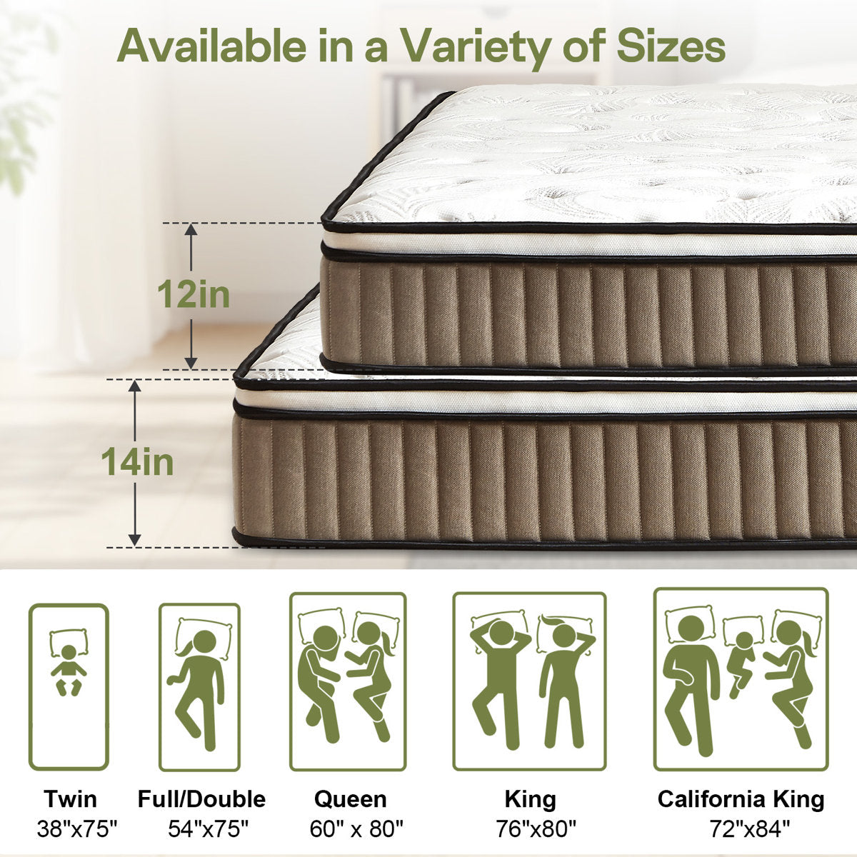 14'' Medium Plush Hybrid Mattress With Leaf Pattern Top – Gel Memory Foam & Pocket Coils