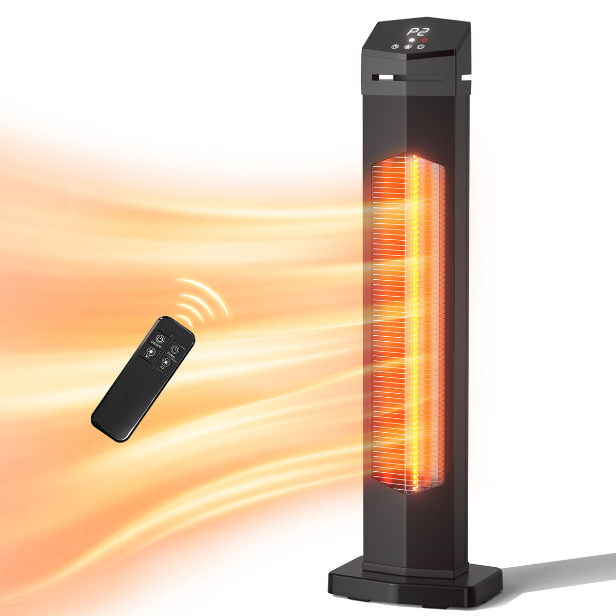 1500-Watt 36 in Indoor/Outdoor Infrared Carbon Fiber Tower Space Heater with 2 Heat Settings Timer Remote Control and IP55 Weather Resistance Black