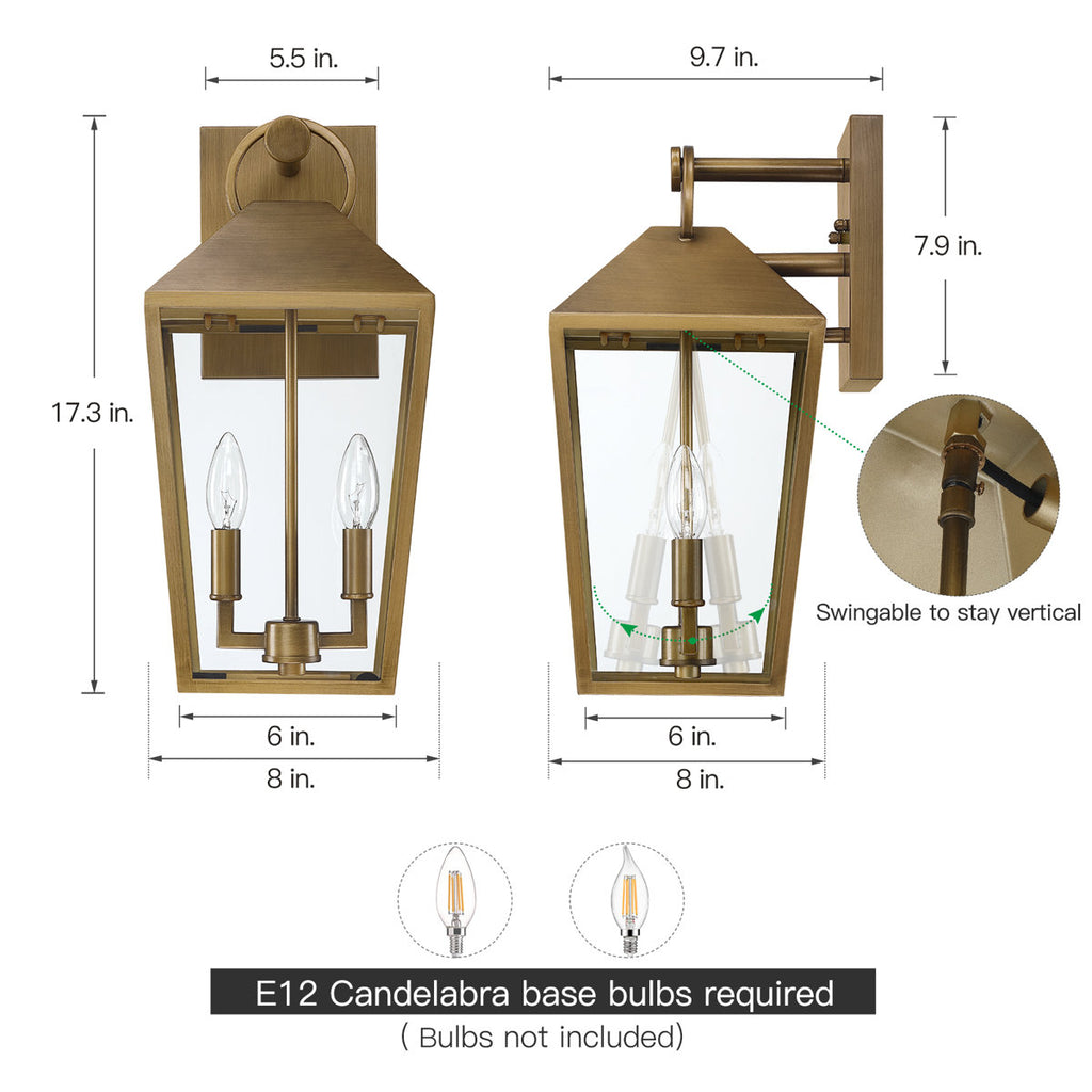 17 In. 2-light Brushed Brass Outdoor Wall Lantern Light