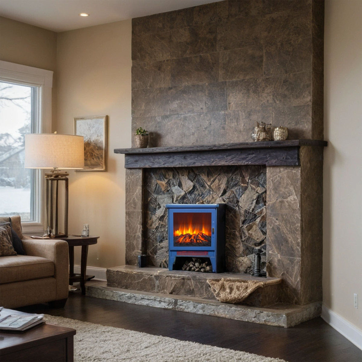 17 inch Freestanding Electric Fireplace Stove heater with 3D Flame effect,Classic Blue