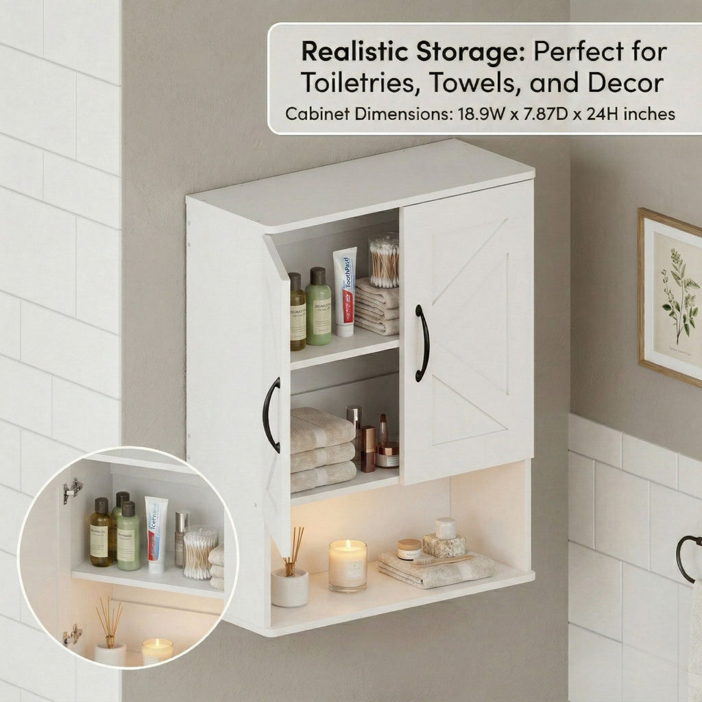 19" Wall Mounted Bathroom Cabinet, Wall Storage With Adjustable Shelves And Dual Door