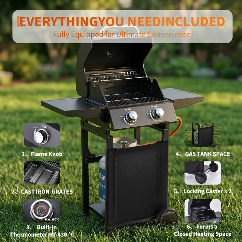 2-Burner Propane Gas Grill ¨C 16,000 BTU Portable BBQ with Wheels & Iron Build for Patio, Backyard & Tailgating