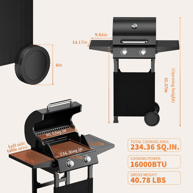 2-Burner Propane Gas Grill ¨C 16,000 BTU Portable BBQ with Wheels & Iron Build for Patio, Backyard & Tailgating