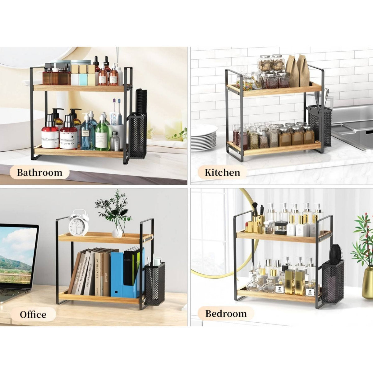 2-Layer Wooden Bathroom Countertop Storage Rack With Storage Baskets