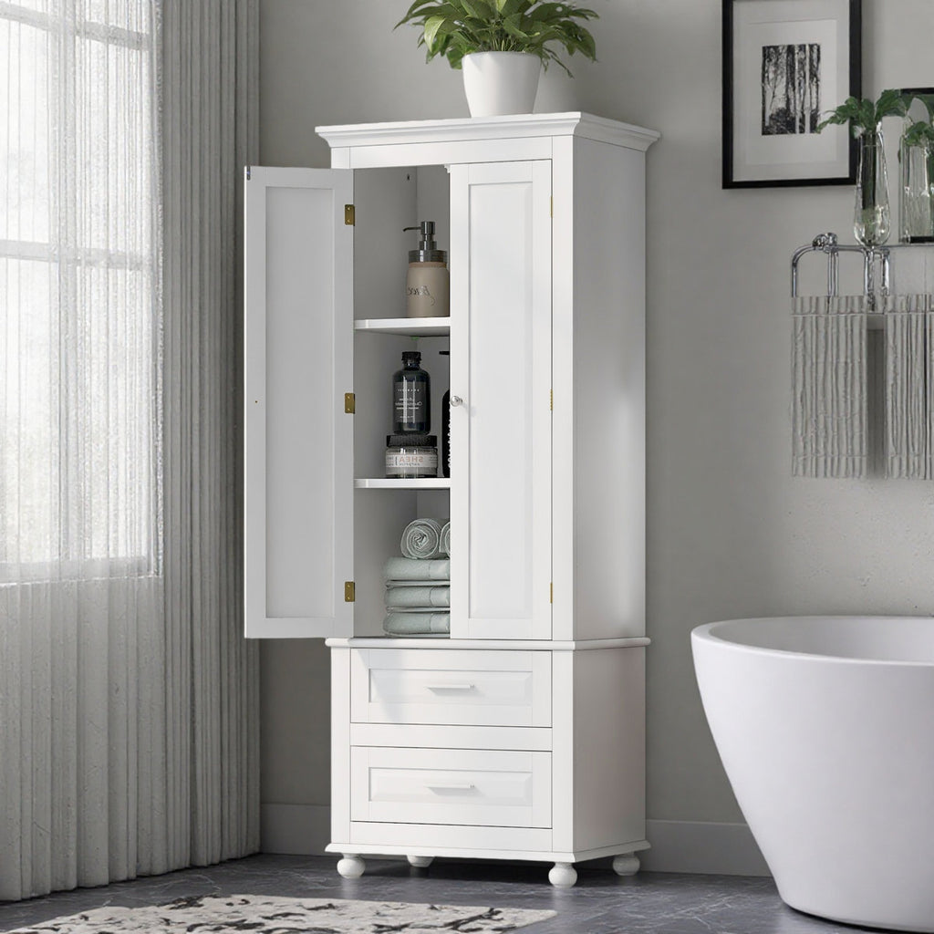 2-drawer Freestanding Linen Cabinet With Adjustable Shelves