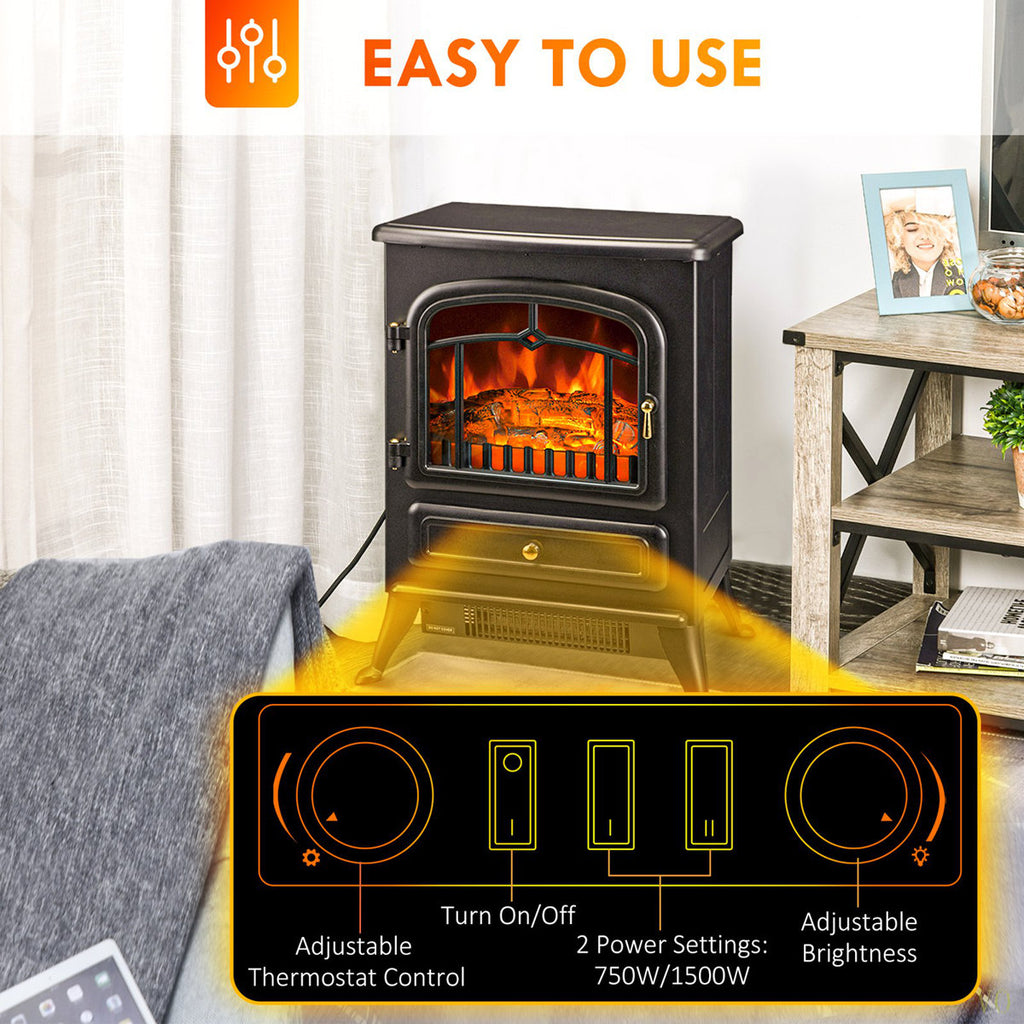 22 Electric Fireplace Heater, Freestanding Fire Place Stove With Realistic LED Flames And Logs, And Overheating Protection, 750W/1500W