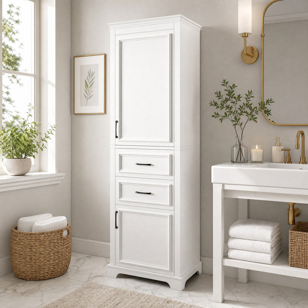 24" Modern Freestanding Tall Bathroom Storage Cabinet with Drawers, White