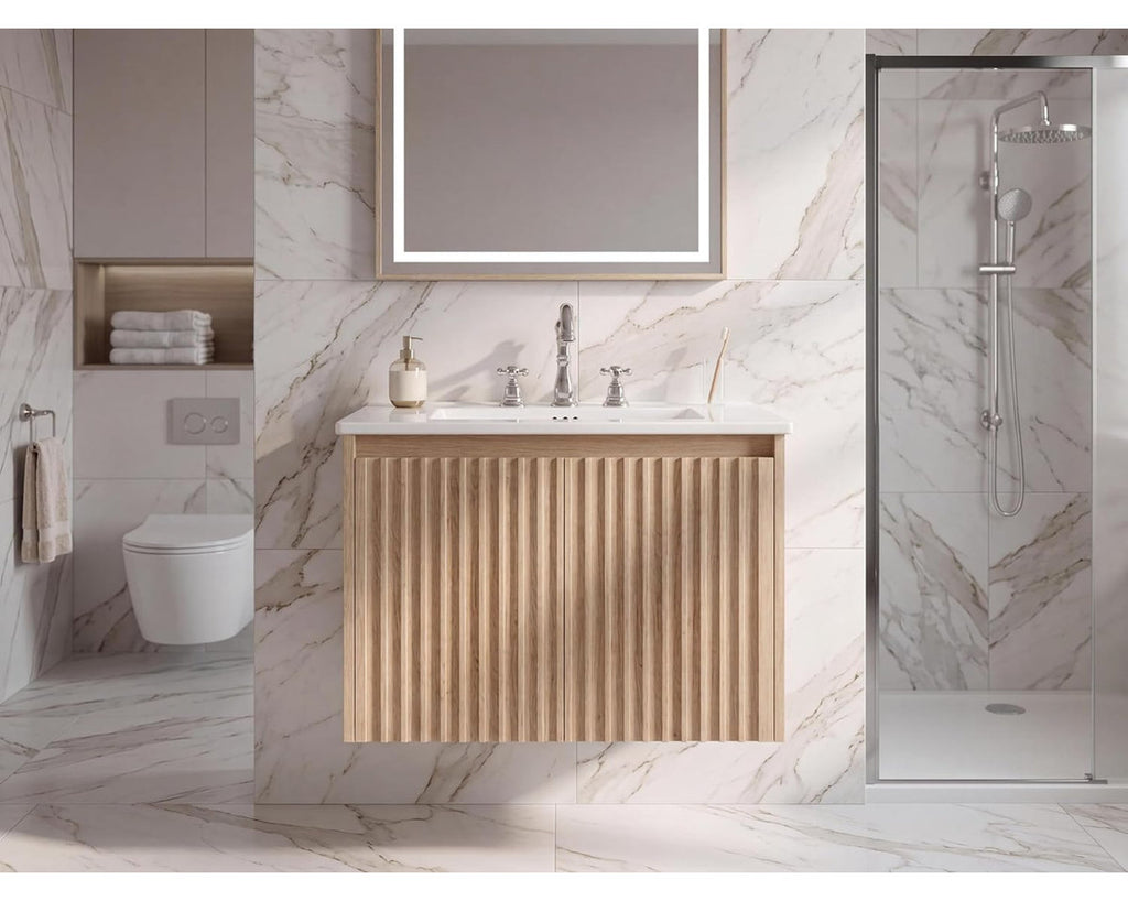 24" Wall Mounted Vanity with Ceramic Sink, Fluted 2-Door Cabinet, 4" 3-Hole Top, Moisture-Resistant Wood for Bathroom