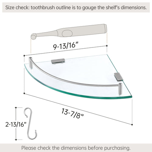 (3-Pack) Floating Glass Shelf For Bathroom Corner Shelf with Rail with Hooks Tempered Glass Wall Mounted Brushed Nickel (Set of 3)