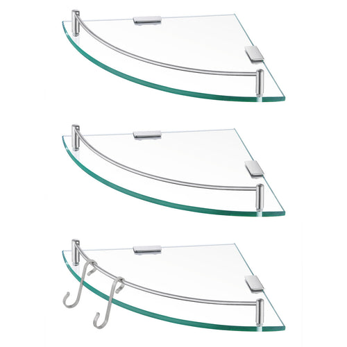 (3-Pack) Floating Glass Shelf For Bathroom Corner Shelf with Rail with Hooks Tempered Glass Wall Mounted Brushed Nickel (Set of 3)