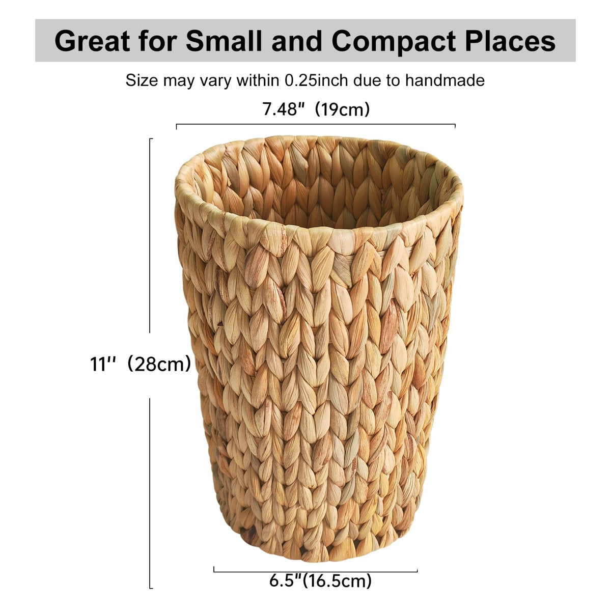 2 Gallon Round Wicker Trash Can – Water Hyacinth Waste Basket for Small Bathroom, Bedroom, Home Office & Compact Spaces