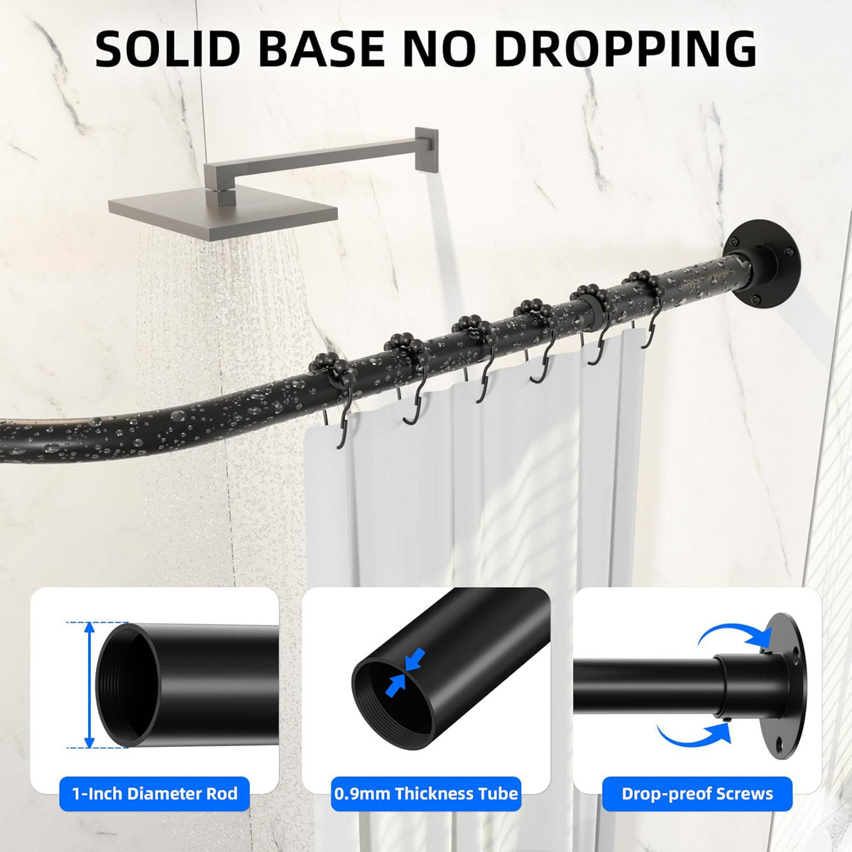 304 Stainless Steel Round Shower Rod 43" + 21"-36" – Includes 12 Hooks & Ceiling Support
