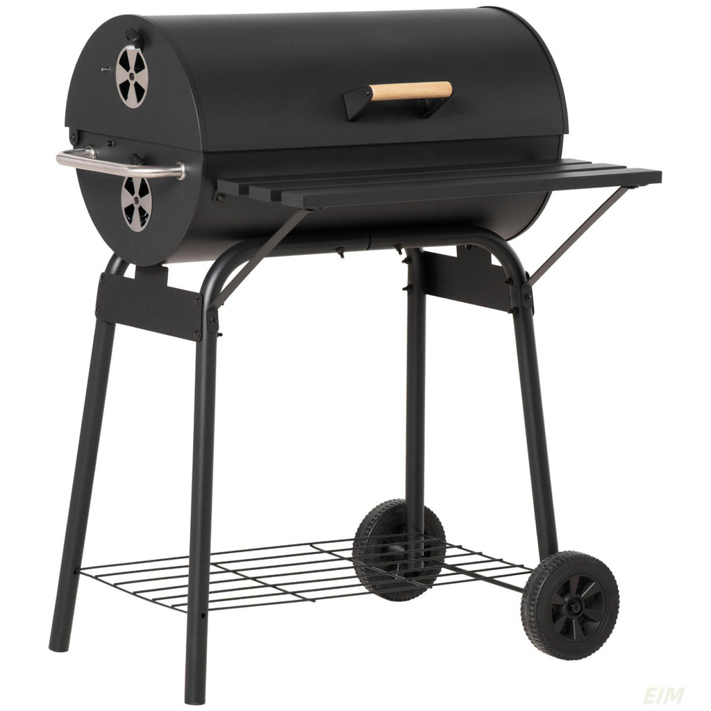 30" Portable Barrel Charcoal BBQ Grill, Steel Outdoor Barbecue Smoker with Storage Shelf, Wheels for Garden Camping Picnic
