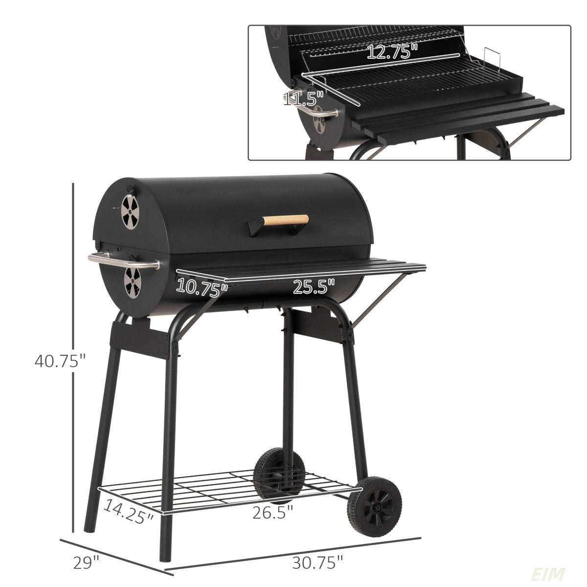 30" Portable Barrel Charcoal BBQ Grill, Steel Outdoor Barbecue Smoker with Storage Shelf, Wheels for Garden Camping Picnic