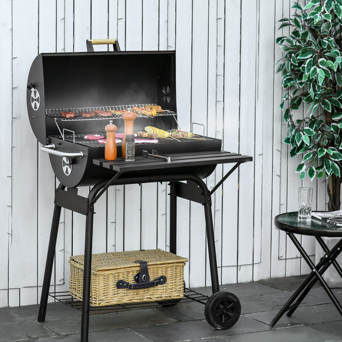 30" Portable Charcoal Bbq, - Steel Outdoor Smoker With Storage Shelf For Picnic Use Black Bbq Grill Space & Wheels Camping