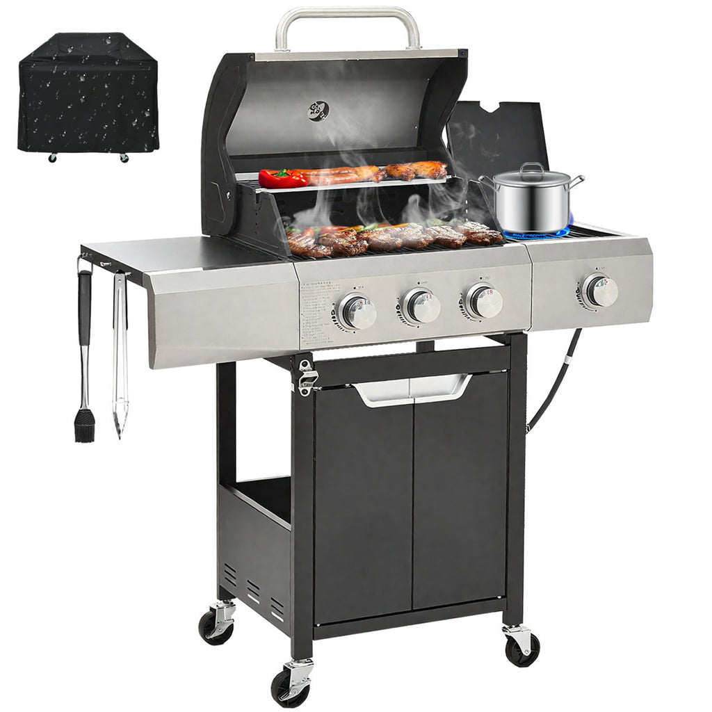 3 Burner Propane Gas Grill With Side Burner, 40500btu Stainless Steel Bbq Grill With Side Tables, Porcelain-enameled Cast Iron Grates