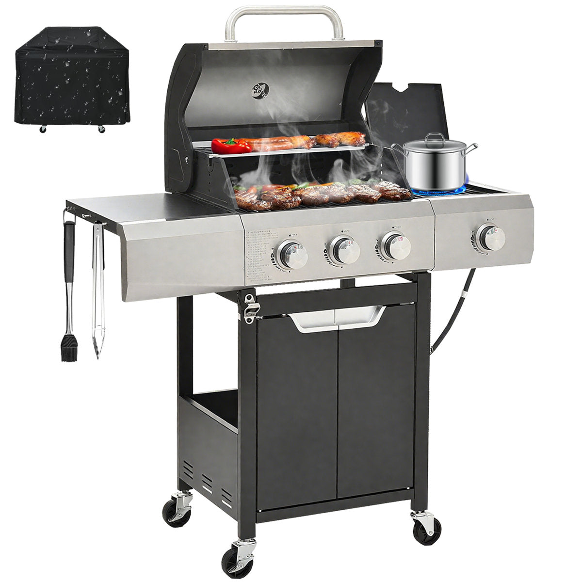 3 Burner Propane Gas Grill With Side Burner, 40500btu Stainless Steel Bbq Grill With Side Tables, Porcelain-enameled Cast Iron Grates
