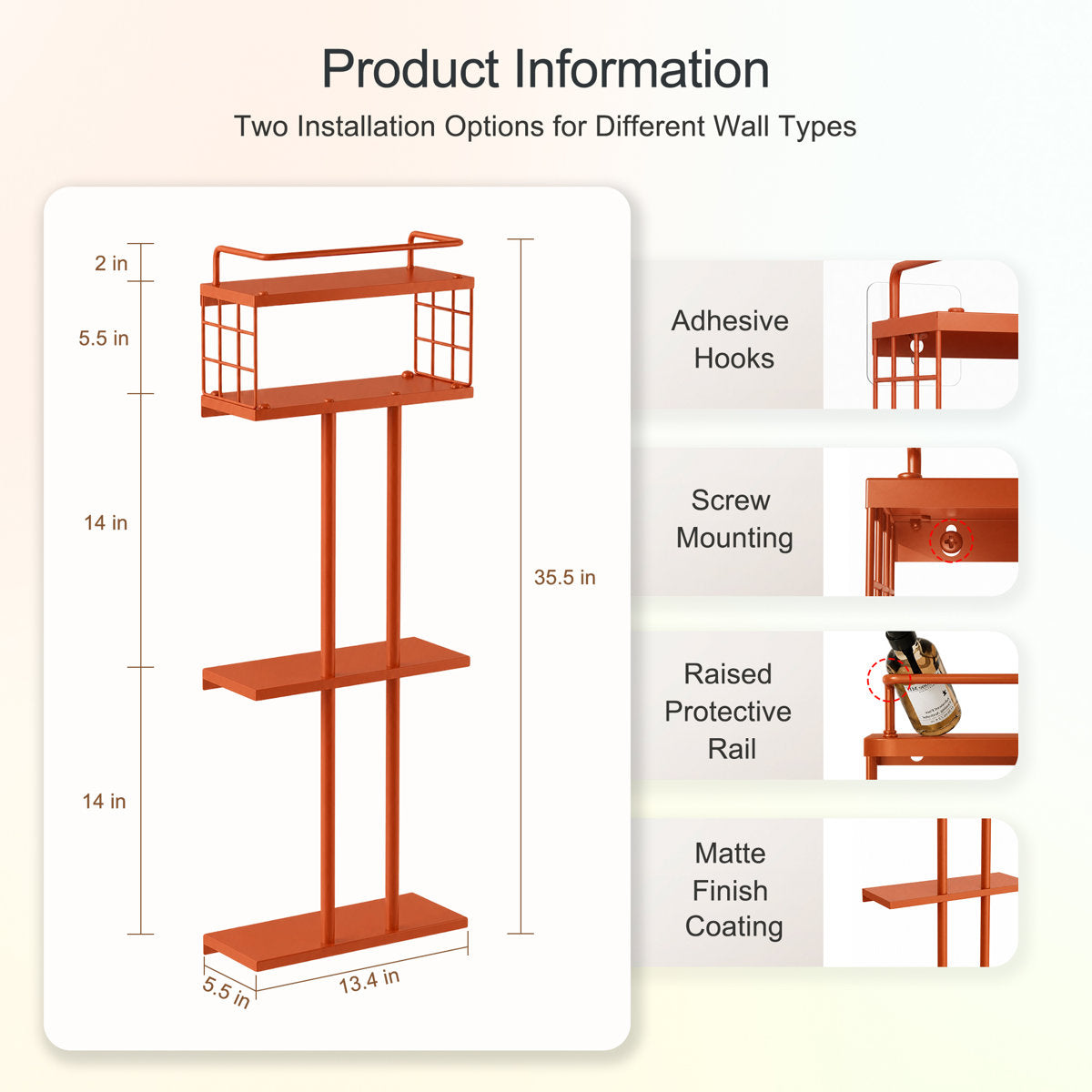 3 Tier Towel Rack Wall Mounted, Metal Bathroom Rolled Towel Storage with Shelf TOWELRACK-3-ORANGE