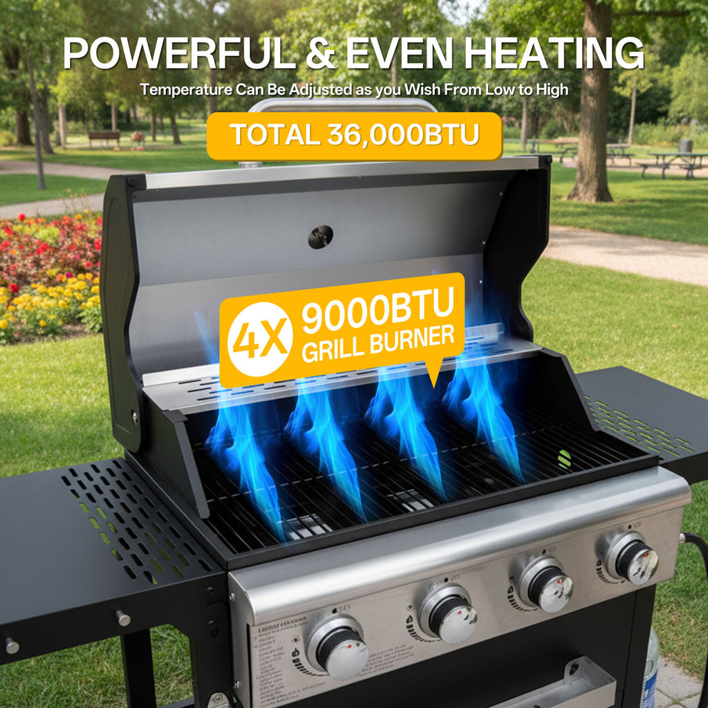 4-Burner Outdoor Gas Grill with Side Shelf & Thermometer