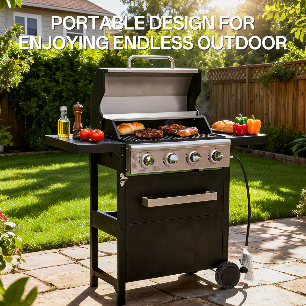 4-Burner Outdoor Gas Grill with Side Shelf & Thermometer