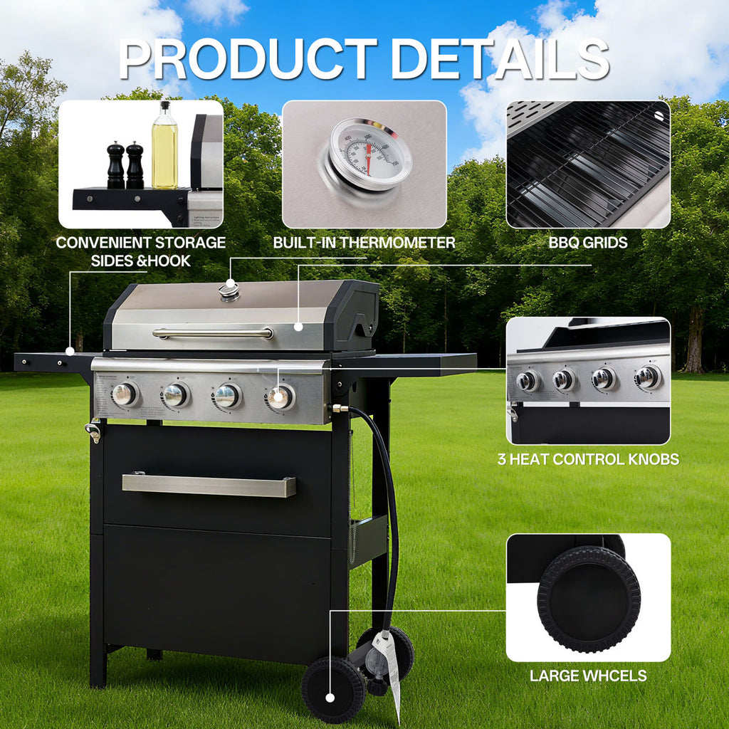 4-Burner Outdoor Gas Grill with Side Shelf & Thermometer