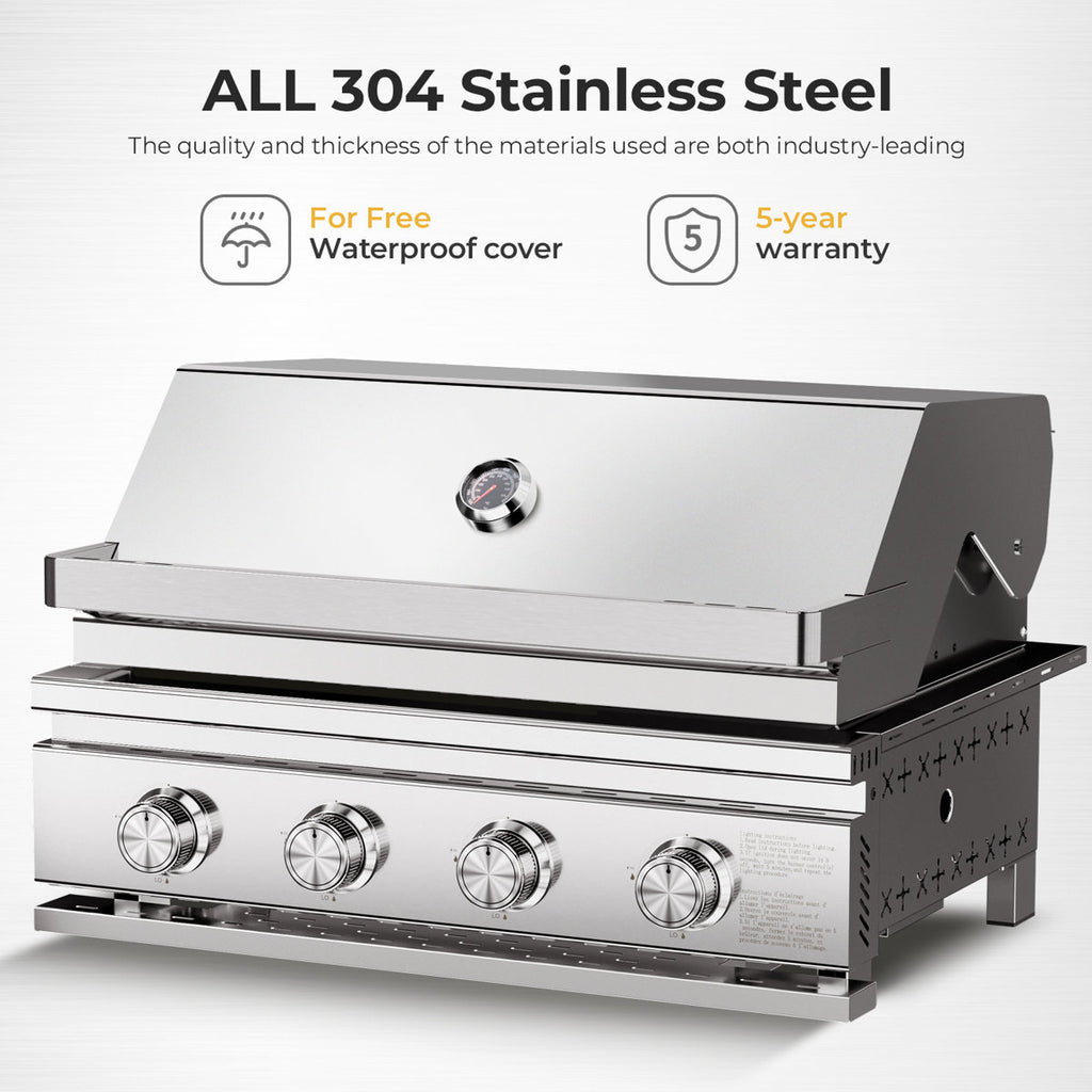 4-burner 8000btu Grill - Full Sus304 Stainless Steel, Built-in/countertop, Front Grease Pan
