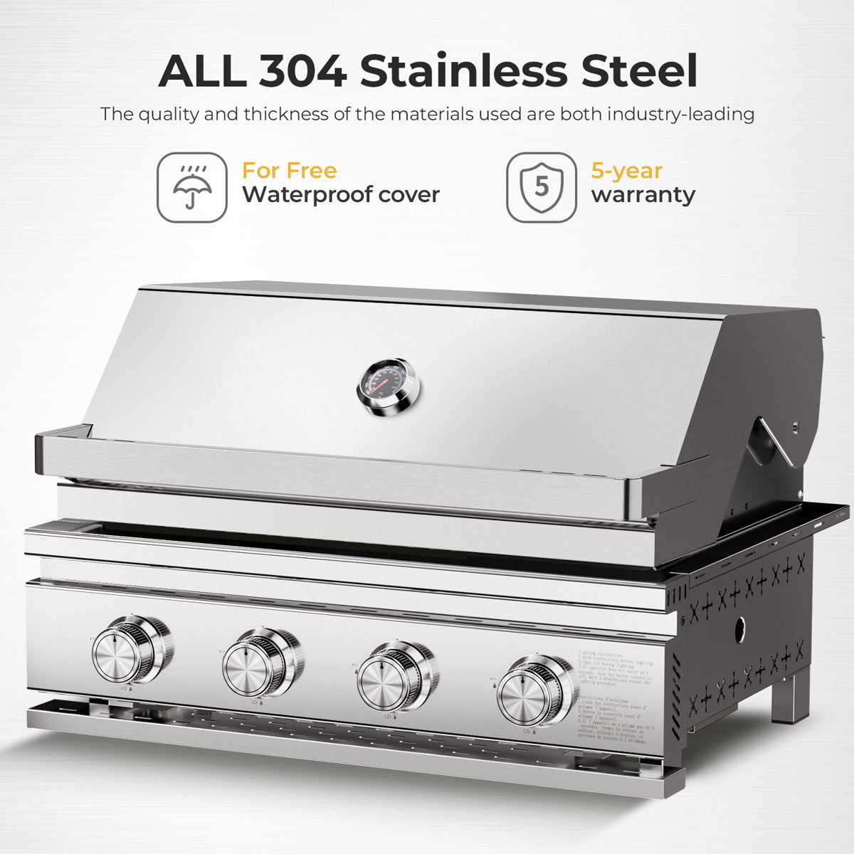 4-burner 8000btu Grill - Full Sus304 Stainless Steel, Built-in/countertop, Front Grease Pan
