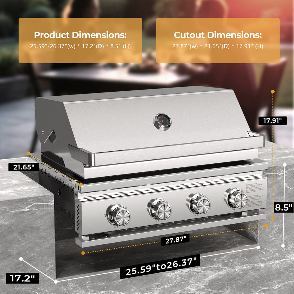 4-burner 8000btu Grill - Full Sus304 Stainless Steel, Built-in/countertop, Front Grease Pan