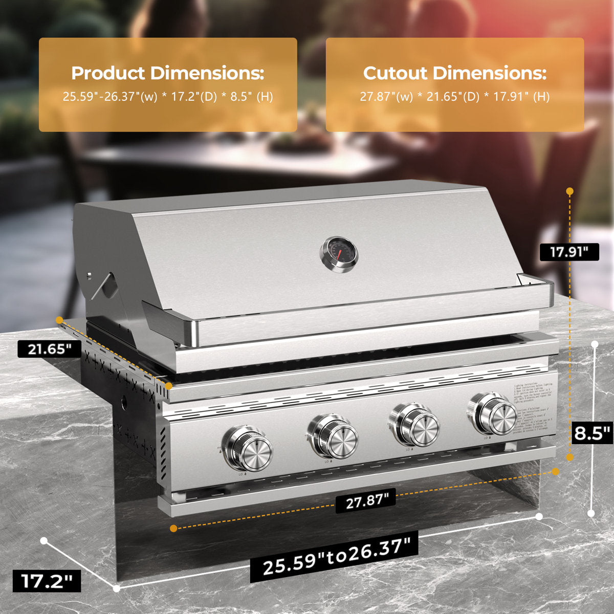 4-burner 8000btu Grill - Full Sus304 Stainless Steel, Built-in/countertop, Front Grease Pan